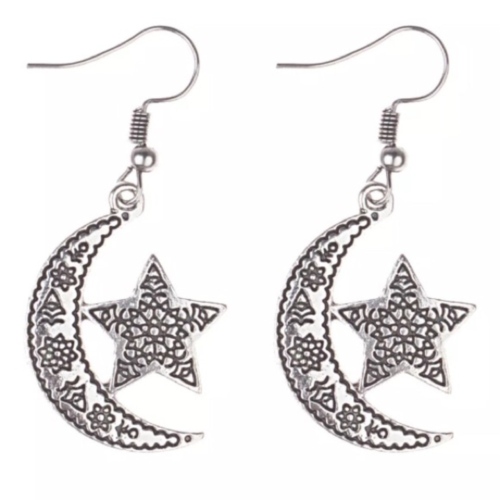 Boho Star & Moon Earrings Antiqued Silvertone - Picture 6 of 6